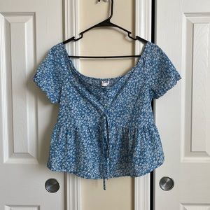 *SOLD* Blue off the shoulder adjustable drawstring top